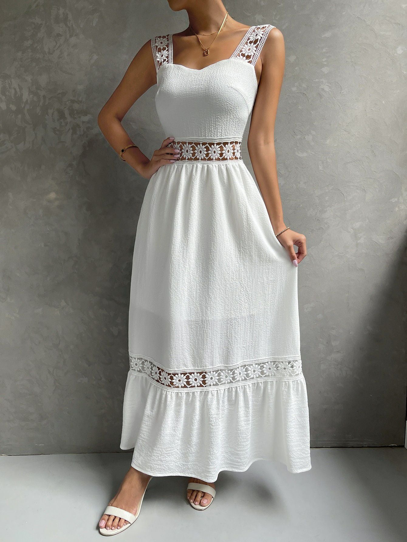 Boho Casual Cotton Eyelet Hollow Thick Strap Lace Midi Dress