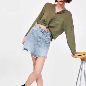 Vintage Washed Distressed Notched Light Denim Mini Skirt