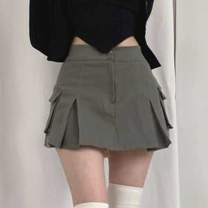 Steam Punk Utility Mini Cargo Pocket Pleated Denim Skirt