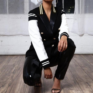 Naval Varsity Stripes Color Block Leather Blazer Jacket