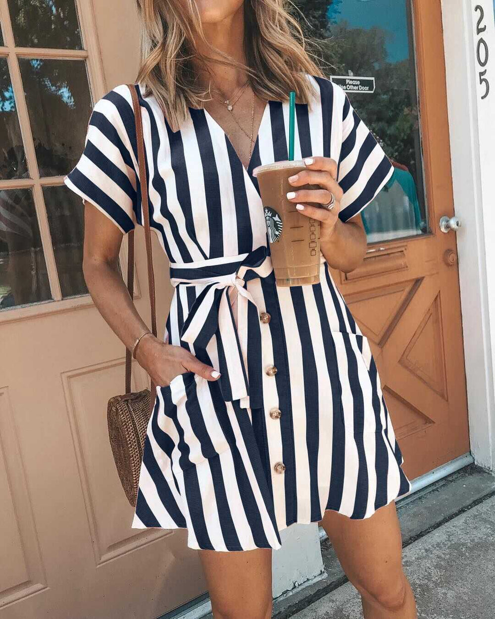 Classic Casual Deep V Neck Tie Waist Vertical Striped Bodycon dress, M / Navy