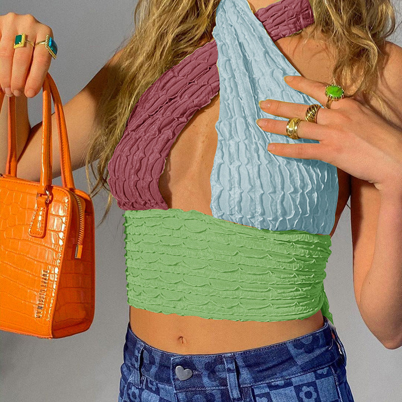 Macaroon Colour Block Ruched Cross Wrap Halter Neck Crop Tops Going Out