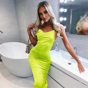 Cute Solid Color Cowl Neck Slip Long Satin Dress Low Back