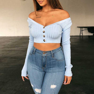 Casual Ribbed Off The Soulder Cropped Button Up Knit Tops For Ladies