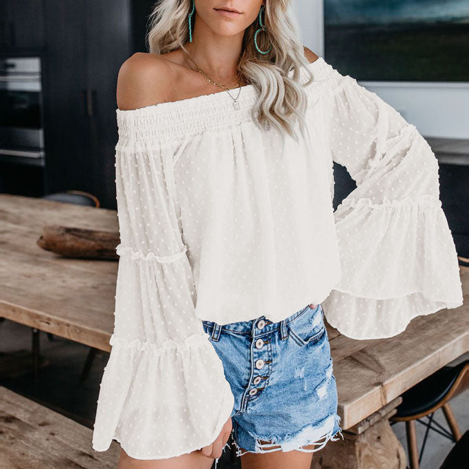 Embellished Polka Dots Oversized Chiffon off The Shoulder Tops long Puff Sleeve