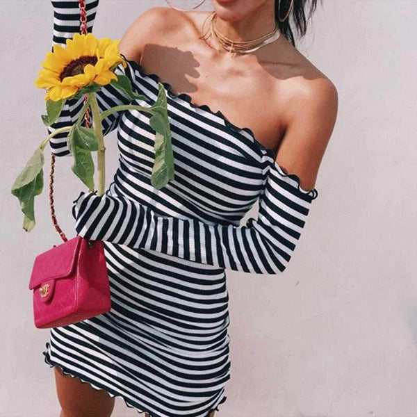 Stripe Ruffles Off Shoulder Bodycon Long Sleeve Tight Dress