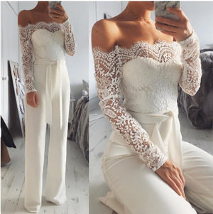 White off shoulder tie shop waist long sleeve lace jumpsuit