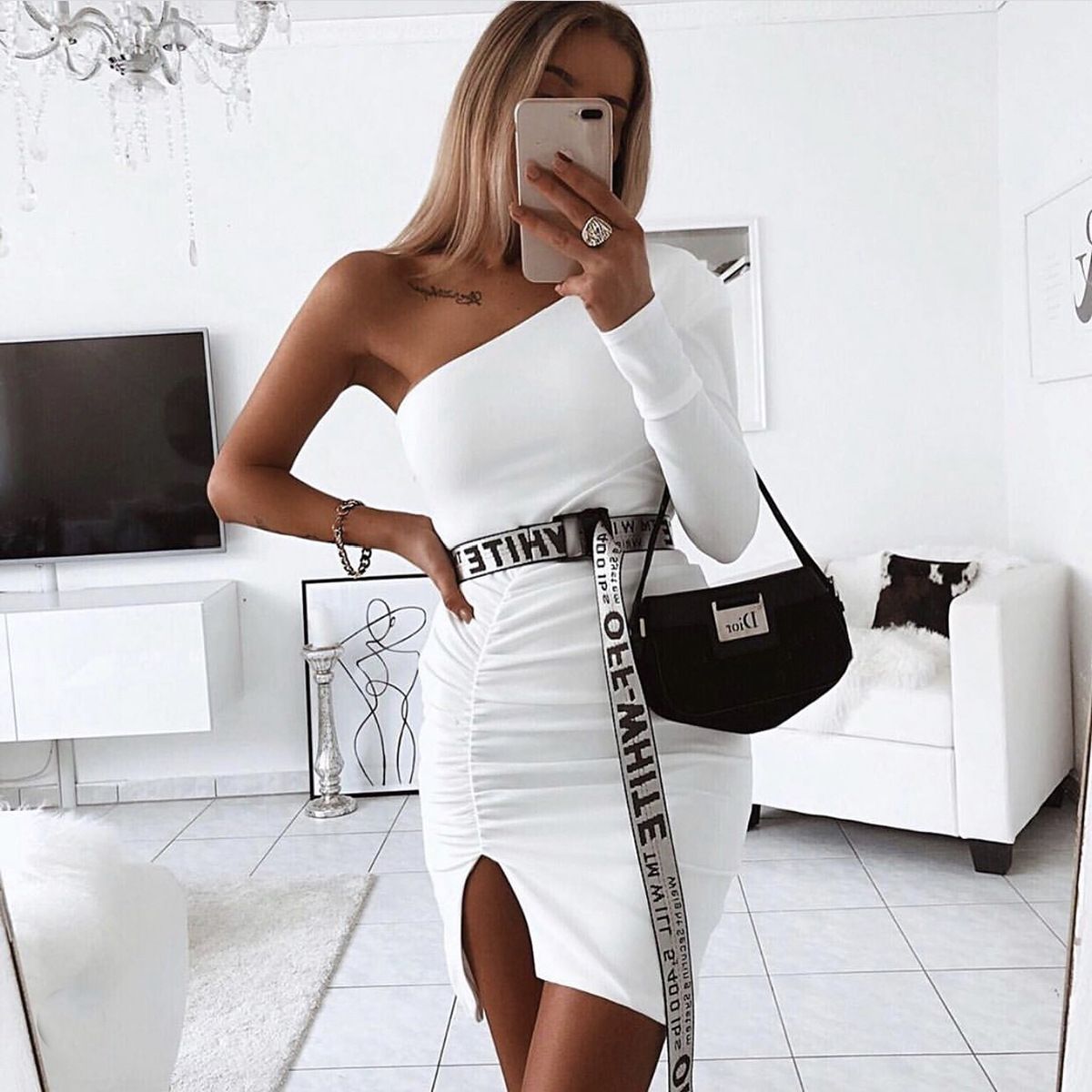 Irregular One Shoulder Bodycon Tight Ruched Dress