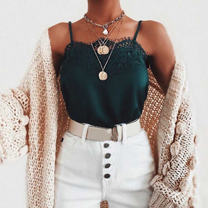 Lace Trimmed V Neck Swing Spaghetti Cami Top