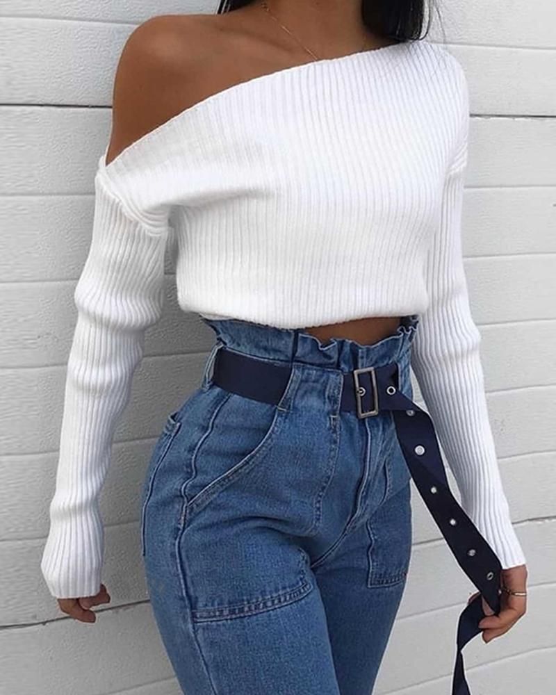 White Off One Shoulder Sweater Top For Work