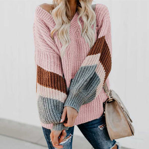 Oversized Color Block Chevron Stripes Off The Shoulder Knit Pullover Sweater
