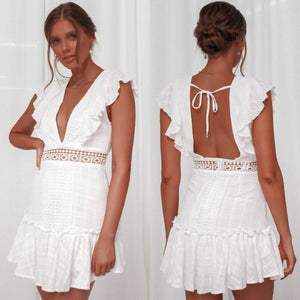 Ruffle Top Deep Plunging Eyelet Lace Crochet Frill Hem Dress