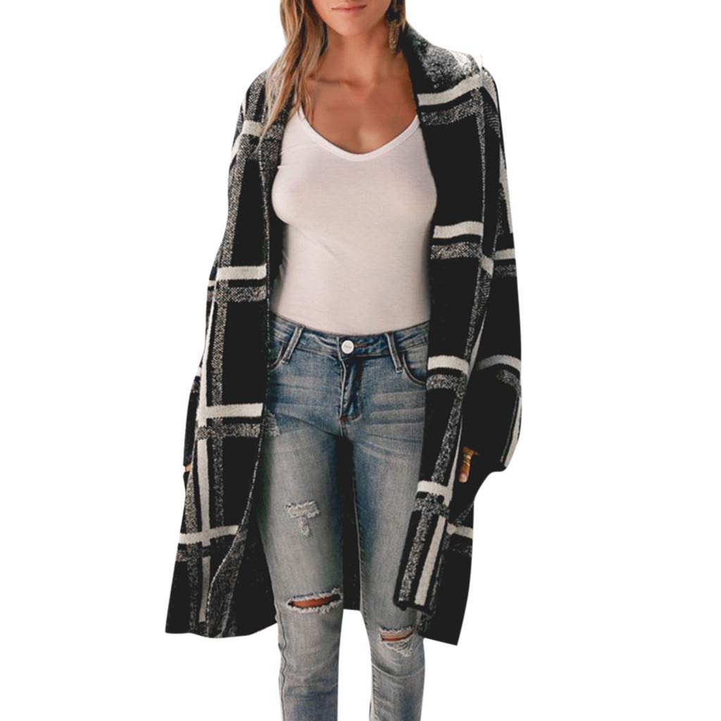 Packable Black White Big Checke Long Cardigan Sweater Tweed Longline Cardigan Coat