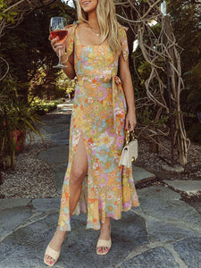 Retro Garden Tie Shoulder Spaghetti Midi Dress With Slit