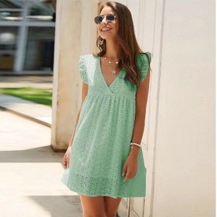 Casual Cotton Ruffle Strap Smocked Eyelet Mini Dress