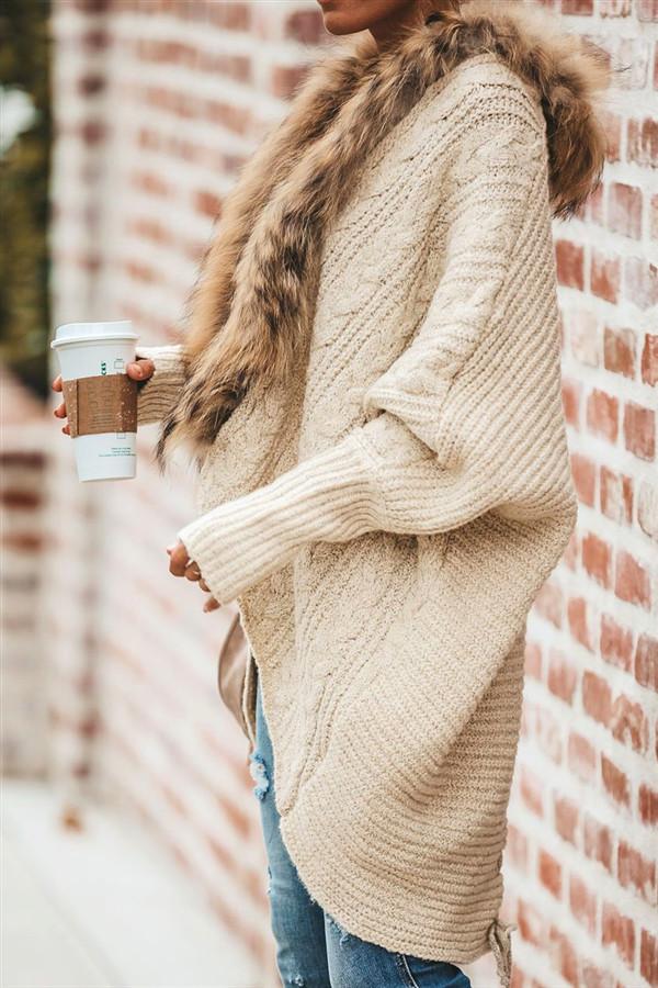 Oversized Furry Fur Collar Trim Batwing Knit Cardigan Sweaters