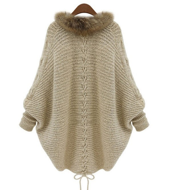 Oversized Furry Fur Collar Trim Batwing Knit Cardigan Sweaters