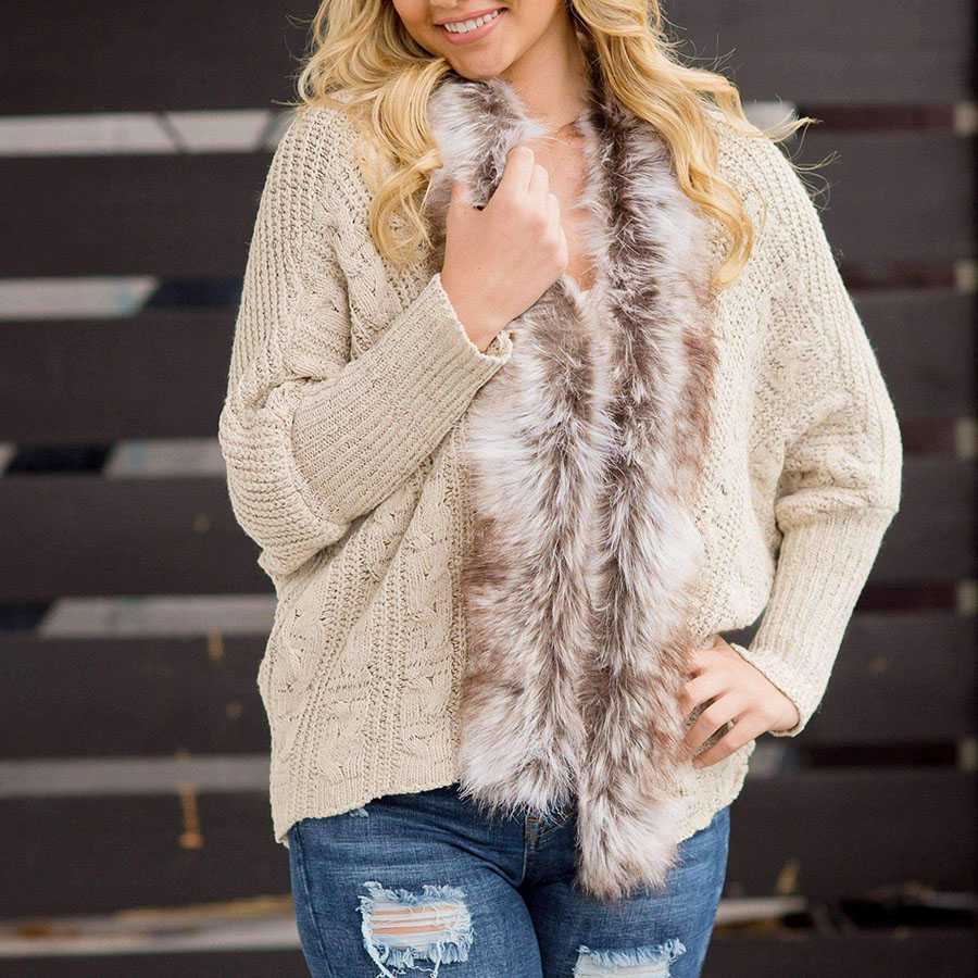 Oversized Furry Fur Collar Trim Batwing Knit Cardigan Sweaters