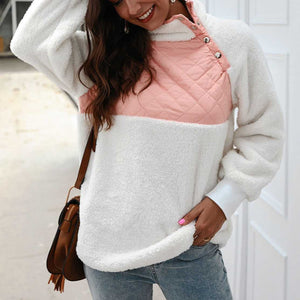 Colorblock Wubby Asymmetrical Snap Up Fleece Pullover Sweatshirt