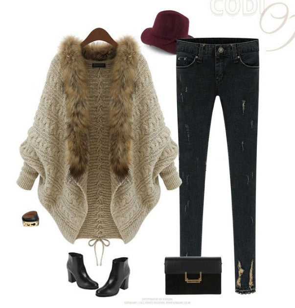 Oversized Furry Fur Collar Trim Batwing Knit Cardigan Sweaters