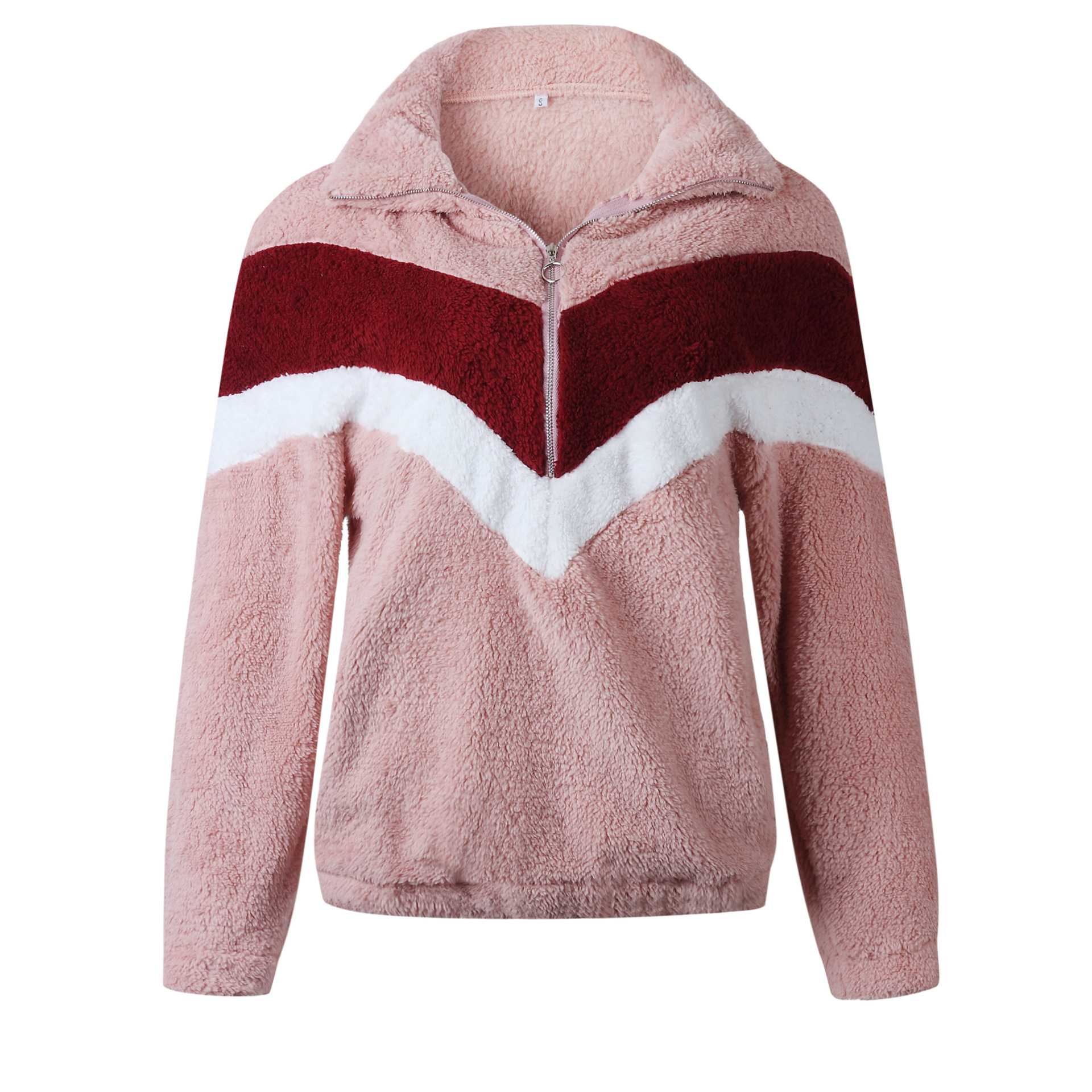 Cozy Colorblock Chevron Half Zip Faux Fur Sweatshirt Sherpa Pullover Jacket