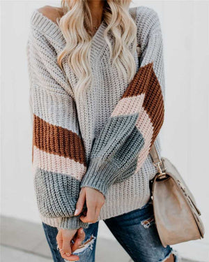 Oversized Color Block Chevron Stripes Off The Shoulder Knit Pullover Sweater