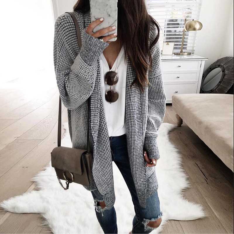 Oversized Black White Checkered Long Cardigan Sweater