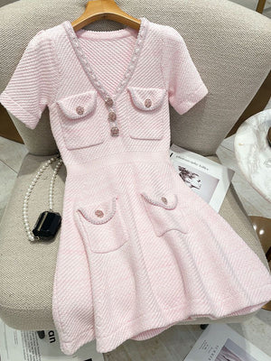 Sequin Crystal Embellished Short Sleeve Knit Mini Dress With Jewel Buttons