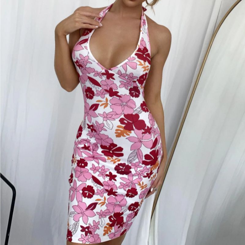 Hibiscus Garden Peony Flowers Hawaiian Floral Print V Halter Neck Bodycon Dress