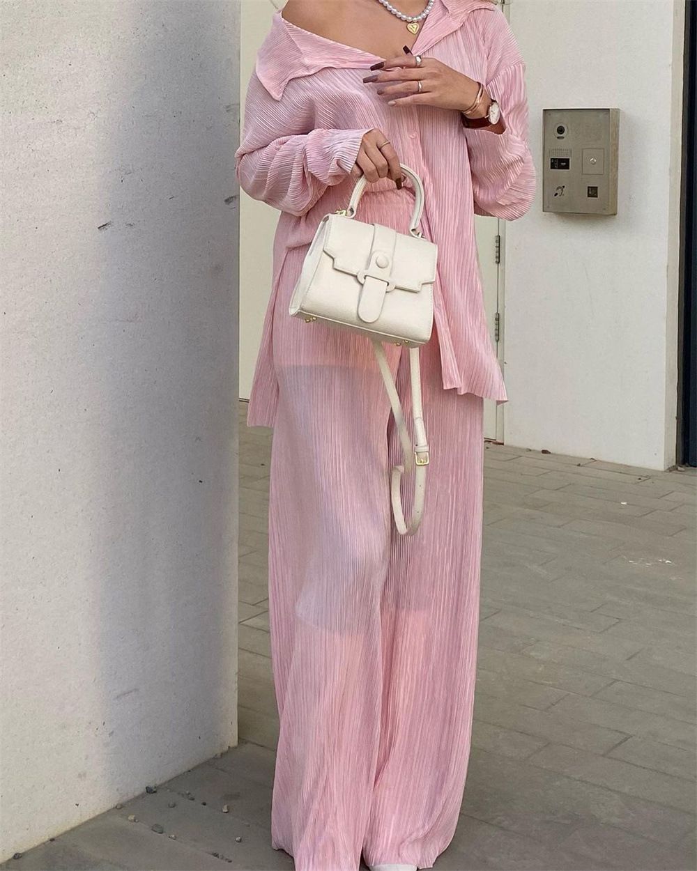 Casual Loose Pleated Collared Shirt And Wide Leg Trousers Loungewear Set