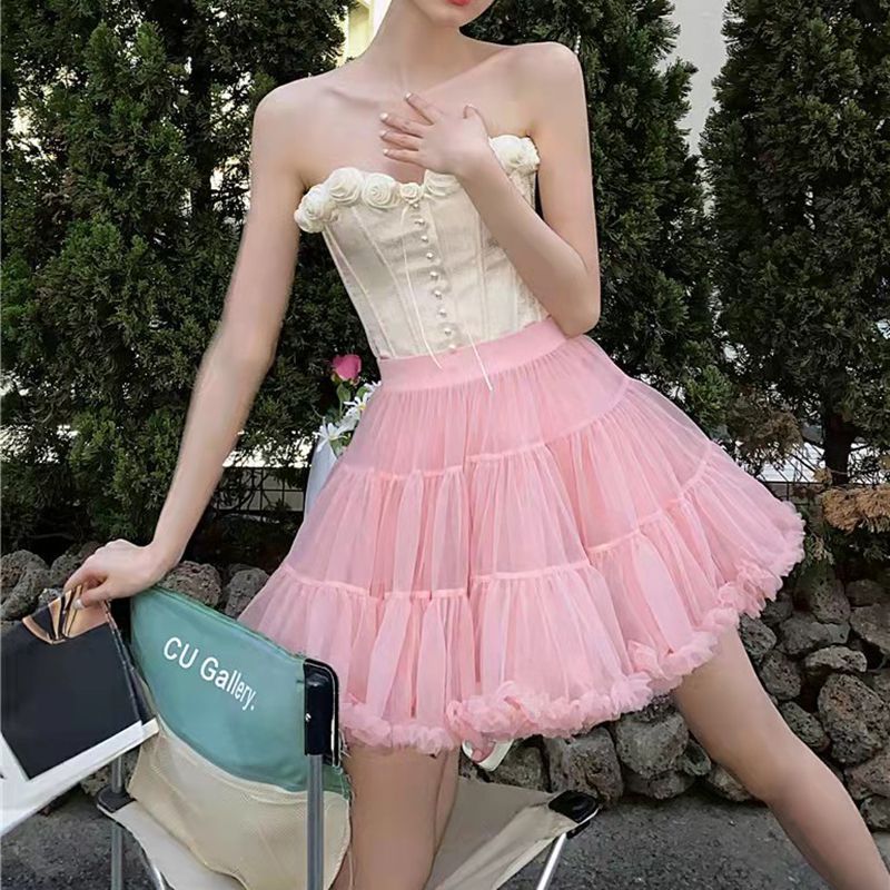 Pastel Pink Ballerina Tulle Tutu Skirt Puffy Ruffle Layered Lolita Petticoat Underskirt