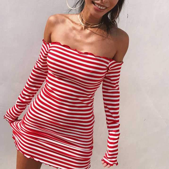 Stripe Ruffles Off Shoulder Bodycon Long Sleeve Tight Dress sunifty Stripe Ruffles Off Shoulder Bodycon Long Sleeve Tight Dress sunifty