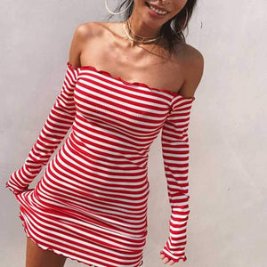 Stripe Ruffles Off Shoulder Bodycon Long Sleeve Tight Dress
