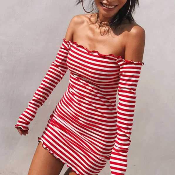 Stripe Ruffles Off Shoulder Bodycon Long Sleeve Tight Dress