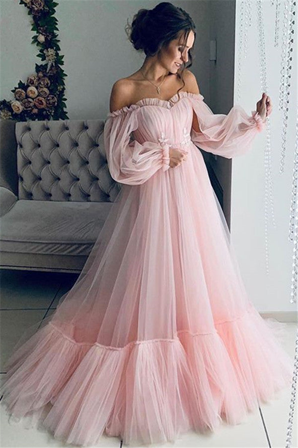 Formal Ruffle Off The Shoulder Mesh Overlay Tulle Ball Gown