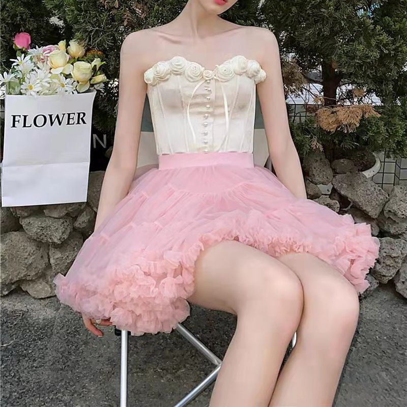 Pastel Pink Ballerina Tulle Tutu Skirt Puffy Ruffle Layered Lolita Petticoat Underskirt