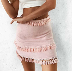 Linen Cotton Boho Chic Layered Tassels High Waist Pom Poms Mini Skirts