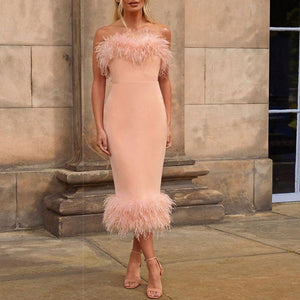 Pink Prom Dress With Feathers At The Bottom