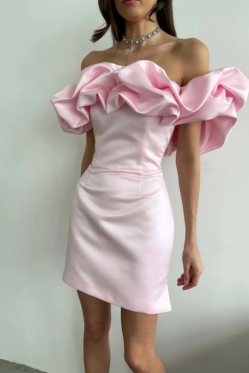 Rose Flower Puff Off The Shoulder Mini Dress