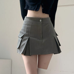 Steam Punk Utility Mini Cargo Pocket Pleated Denim Skirt