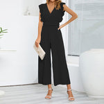 Formal Belted Ruffle Pleated V Neck Wide Leg Palazzo Jumpsuits For Women