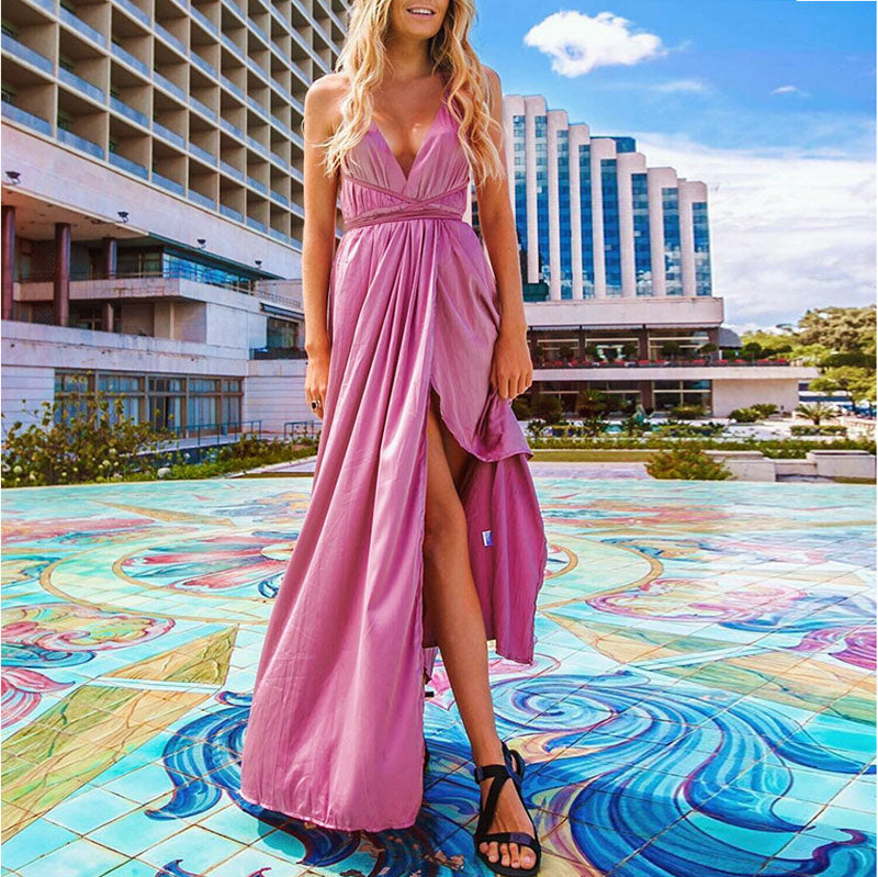criss cross tie backless split thigh dress Crisscross Tie Backless Cut Out Ruffle Hem Split Thigh Women New Dress