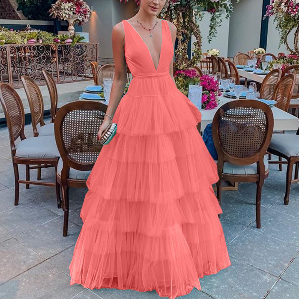 Deep V Neck Tiered Ruffle Tulle Maxi Formal Gown Dress