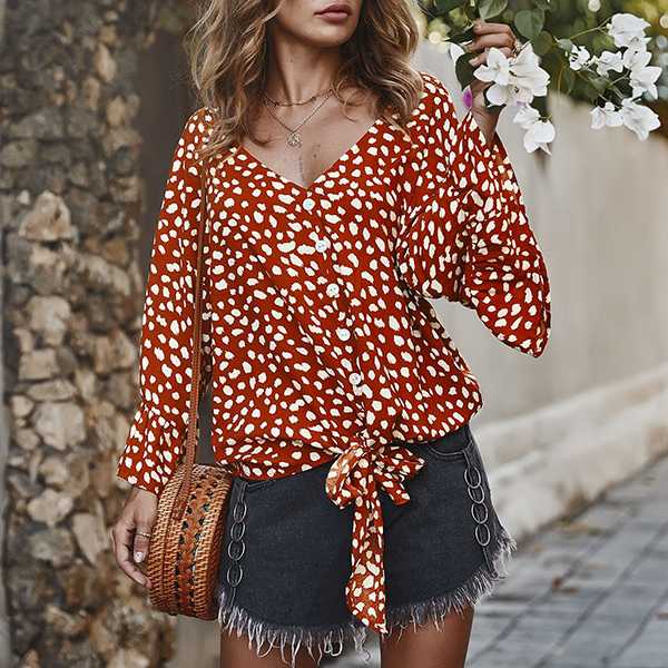 Bell Sleeve Painted Dots Tie Front Button Down Shirt