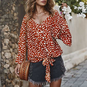 Bell Sleeve Painted Dots Tie Front Button Down Shirt