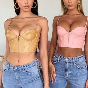 Front Zip Up Faux Leather Underwired Bustier Crop Top Tanks