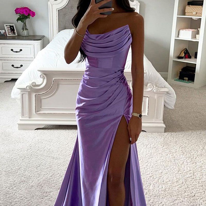 Fabulous Ruched Satin Silky Homecoming Prom Dress With Slit