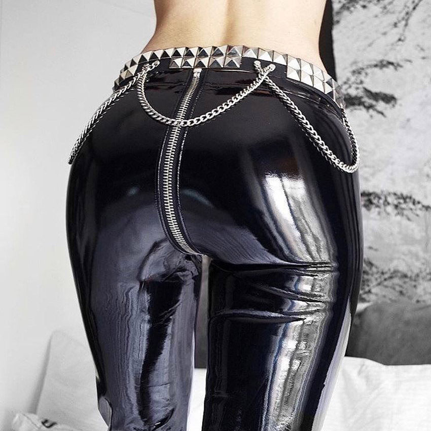 High Waisted Faux Leather Zipper glossy leather Skinny pants