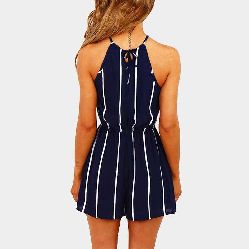 Slimming Belted Tie Waist High Neck Striped Jumpsuit Shorts