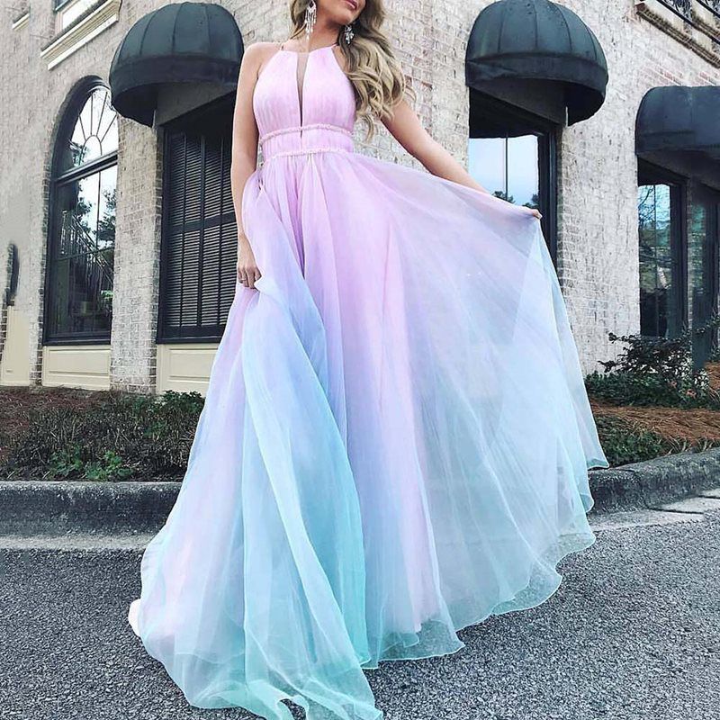 Rainbow Deep Plunge Ombre Gradient Evening Ball Gown Dresses